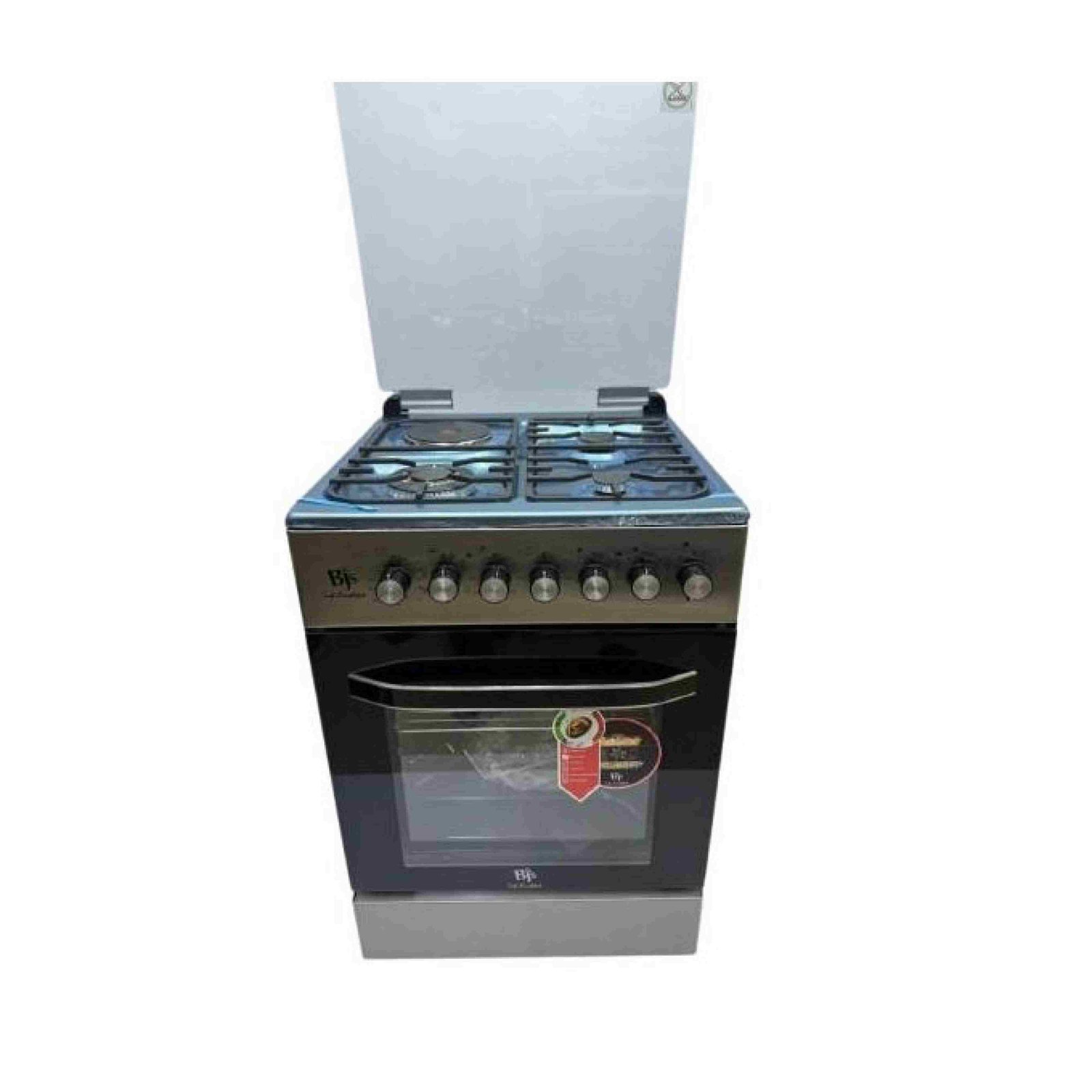 BJS Cooker 3+1 Premium Square front, rapid plate, WOK triple ring burner, sensor, blue enamel oven, turbo fan, food warmer, 60*60 Stainless Steel. Silver