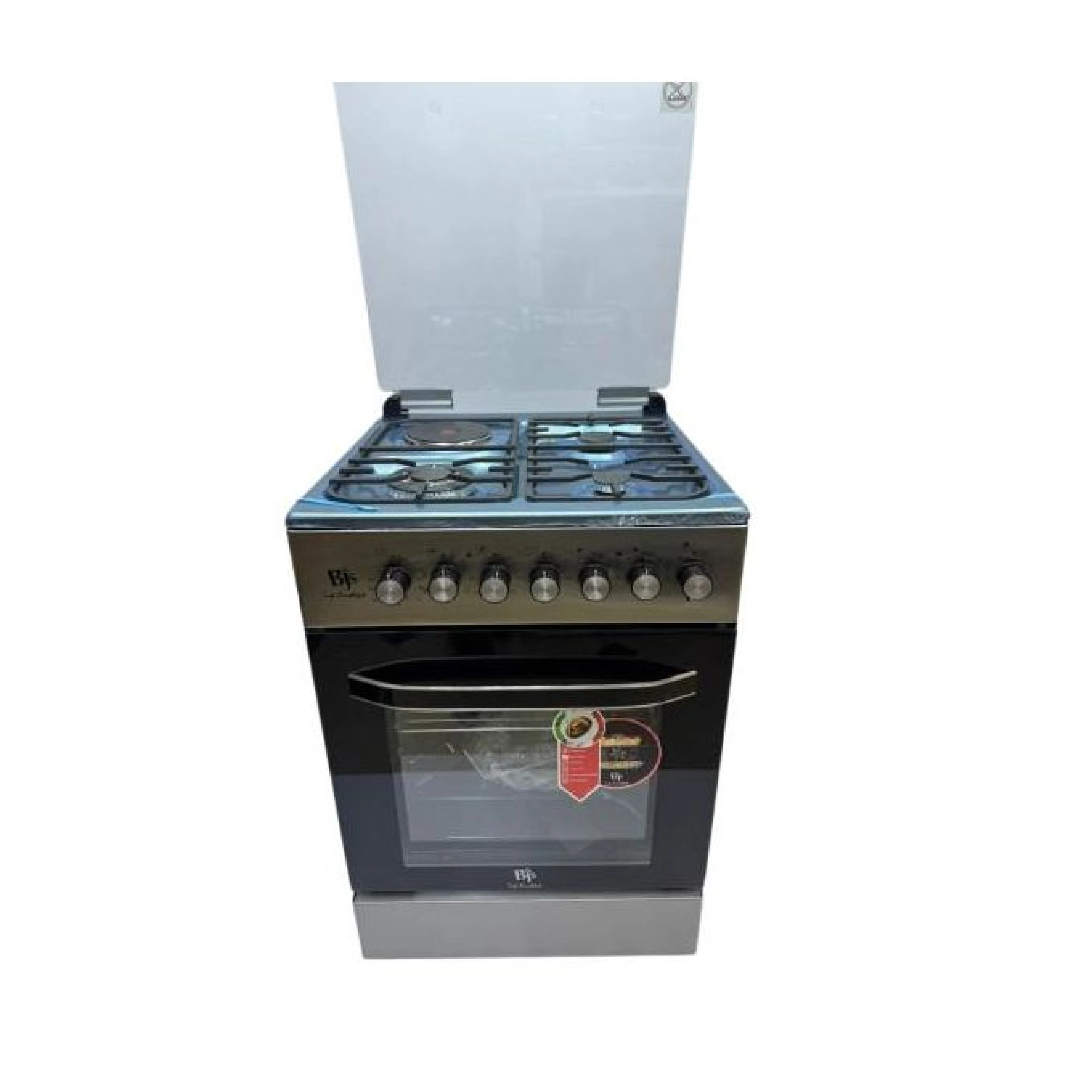 BJS Cooker 3+1 Premium Square front, rapid plate, WOK triple ring burner, sensor, blue enamel oven, turbo fan, food warmer, 60*60 Stainless Steel. Silver